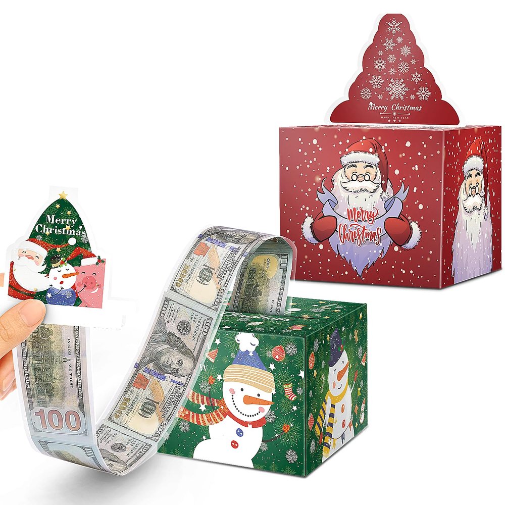 2PCS Christmas Surprise Money Box for Cash Gift, Merry Christmas Money Gift Box with Card and Cash Holder for Kids Adults, DIY Fun Holiday Cash Box, Includes 100Pcs Transparent BagsRed, Green