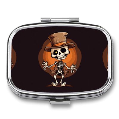 Funny Skeleton Square Pill Box Travel Portable Pill Case 2 Compartment Medicine Metal Tablet Vitamin Holder Organizer for Purse Pocket