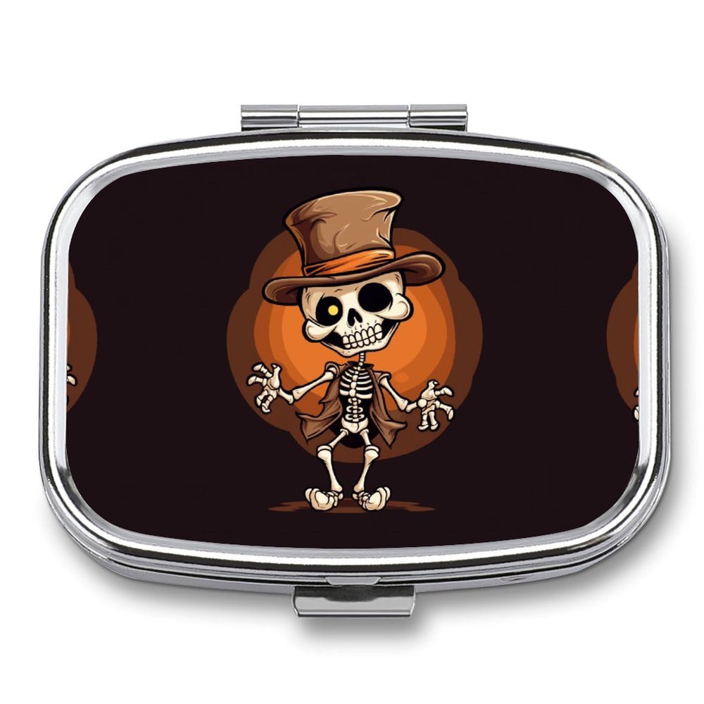 Funny Skeleton Square Pill Box Travel Portable Pill Case 2 Compartment Medicine Metal Tablet Vitamin Holder Organizer for Purse Pocket
