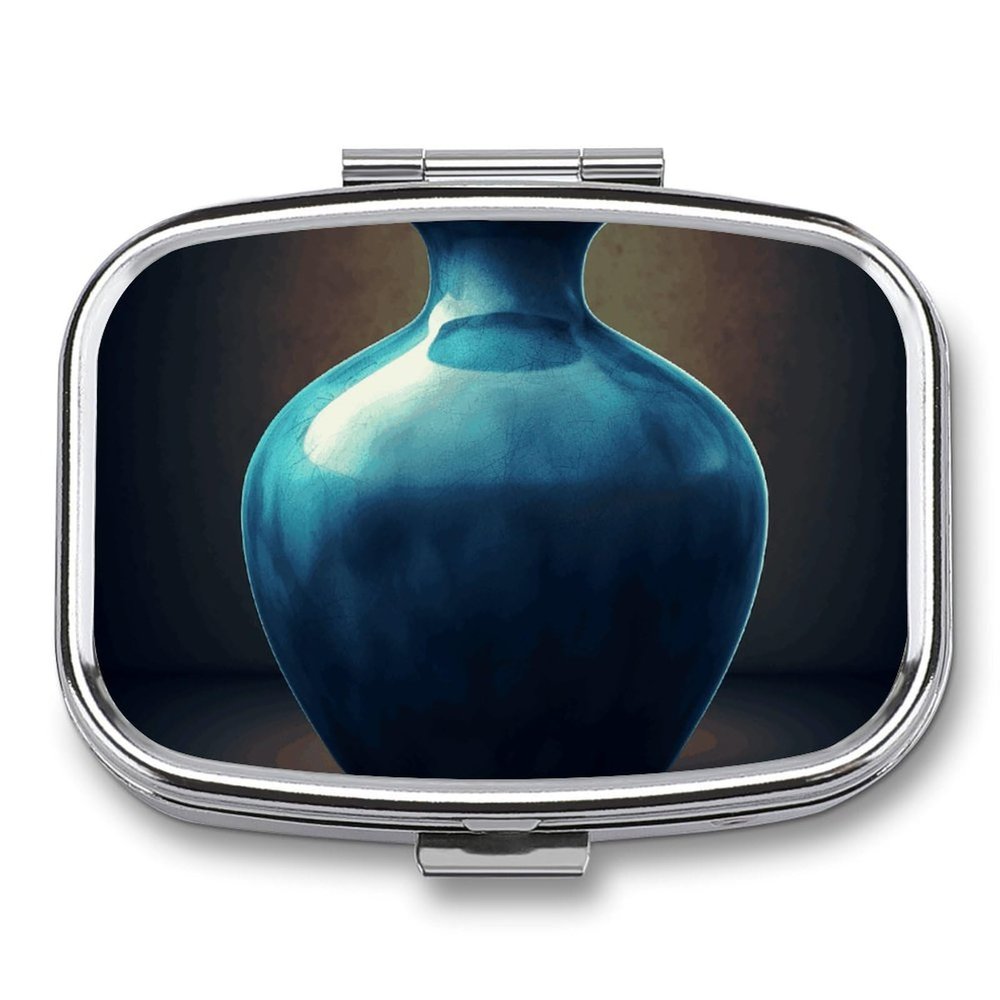 Blue Vase Square Pill Box Travel Portable Pill Case 2 Compartment Medicine Metal Tablet Vitamin Holder Organizer for Purse Pocket