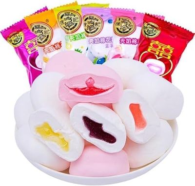 8 flavors Juice Filling Cotton CandyCandy Floss Soft Fudge,Strawberry White Peach Blueberry Flavor,Assorted Fruity Marshmallows,Healthy Dim sumChewing Soft Candy Desserts (100g)