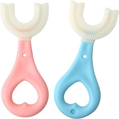2 Pcs U-Shaped Kids Toothbrush, Soft Silicone Brush Head, Manual Whole Mouth Toothbrush for Kids Age (Blue+Pink), 360 Oral Teeth 2 to 6 Years