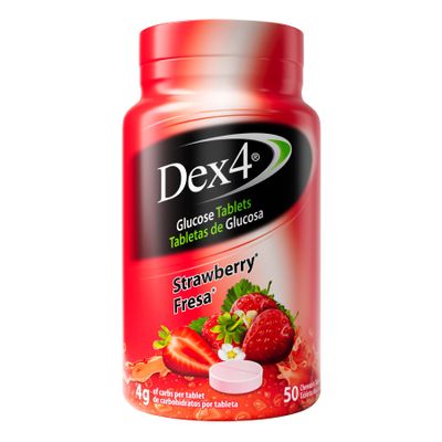 Dex4 Glucose Tablets, Fast Acting Glucose, 4g Pre-Measured Glucose per Tablet, Fat-Free, Gluten-Free, Strawberry, 50 Count Bottle