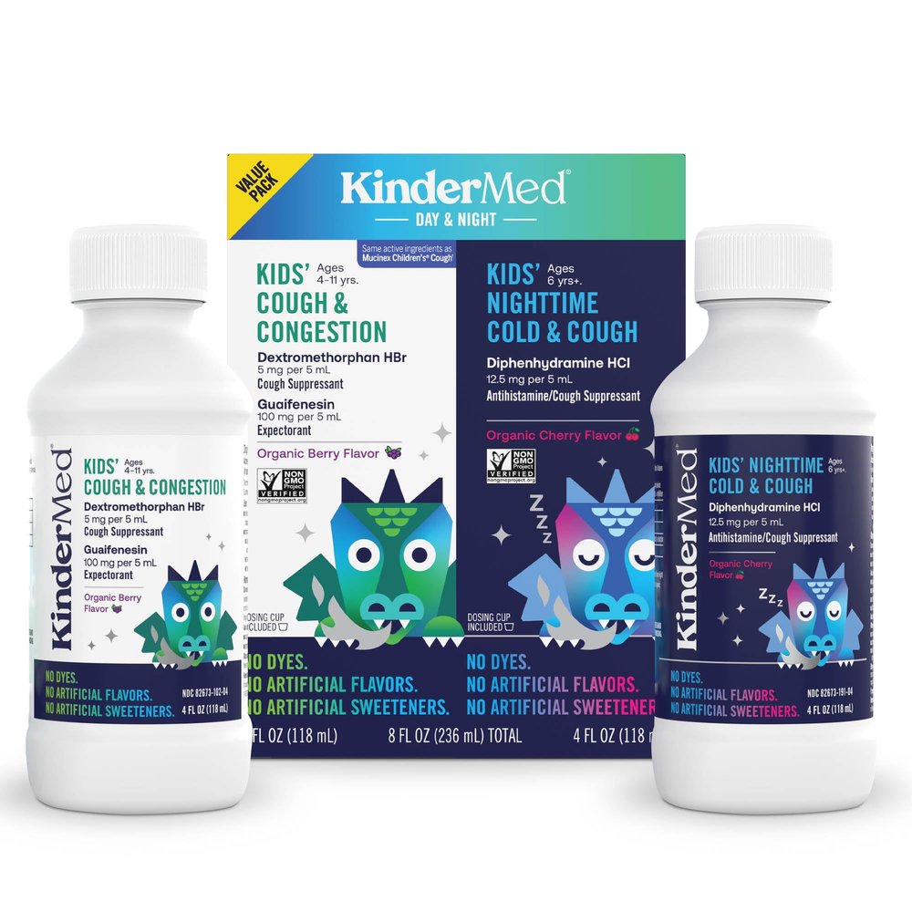 KinderMed Kids' Cough Day & Night Value Pack - Cough & Congestion Relief and Nighttime Cold Relief - No Artificial Flavors or Sweeteners - No Dyes (Organic Berry Flavor, 4 Fl Oz)