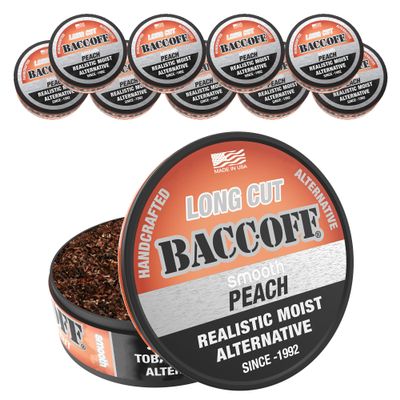 10 Cans, BaccOff, Smooth Peach Long Cut, Sweet Tea Base with Tart Peach Undertones, Realistic Moist Alternative