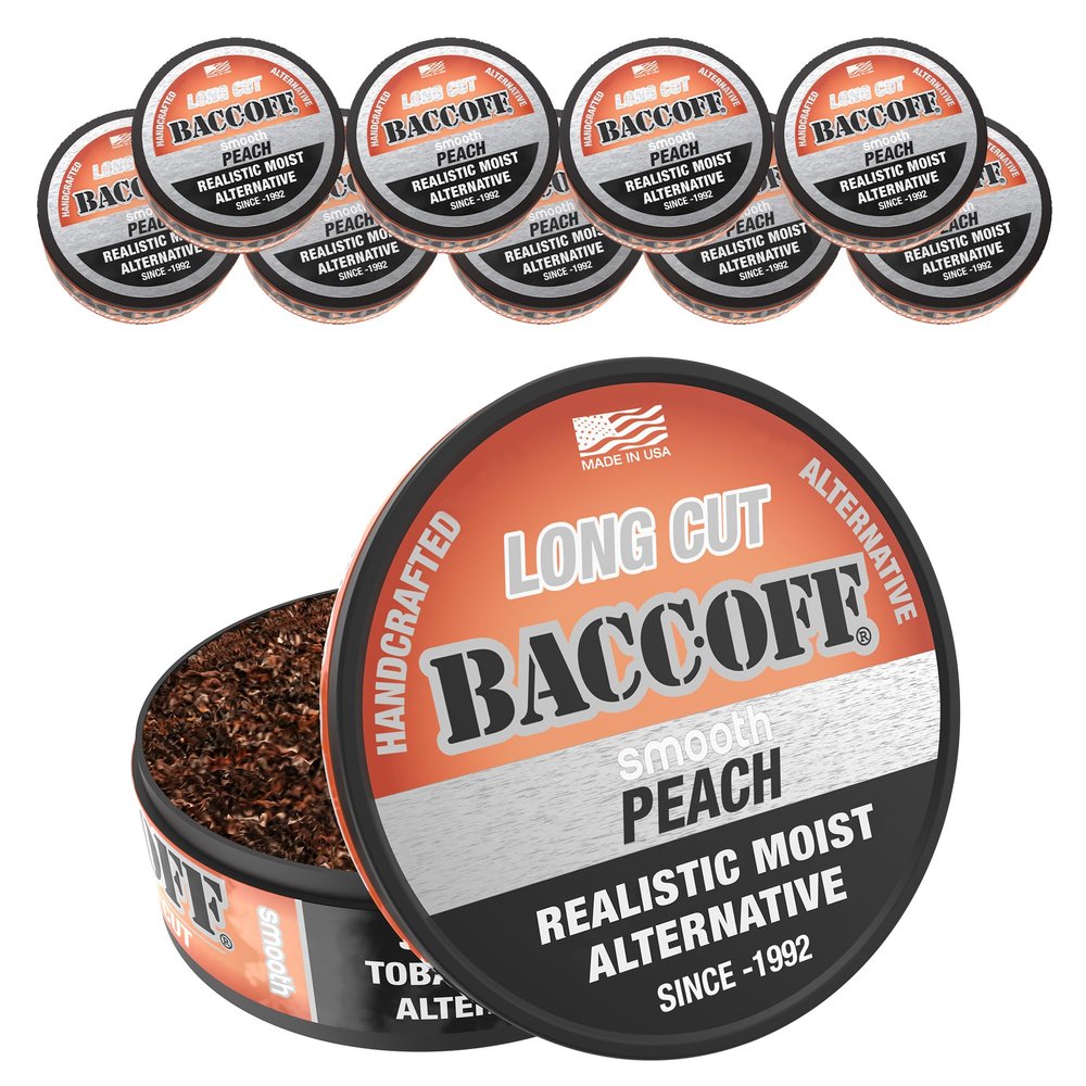 10 Cans, BaccOff, Smooth Peach Long Cut, Sweet Tea Base with Tart Peach Undertones, Realistic Moist Alternative