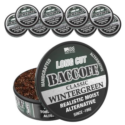 10 Cans, BaccOff, Classic Wintergreen Long Cut, Refreshing and Strong Wintergreen Flavor, Realistic Moist Alternative