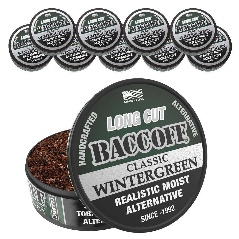 10 Cans, BaccOff, Classic Wintergreen Long Cut, Refreshing and Strong Wintergreen Flavor, Realistic Moist Alternative