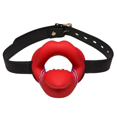 MASTER SERIES Vibrating Sissy Mouth Gag for Beginners, Men, Women, & Couples. Teeth Guard and Open Mouth Gag Design. Adjustable Strap. Waterproof and Rechargeable. 3 Pieces, Red & Black.