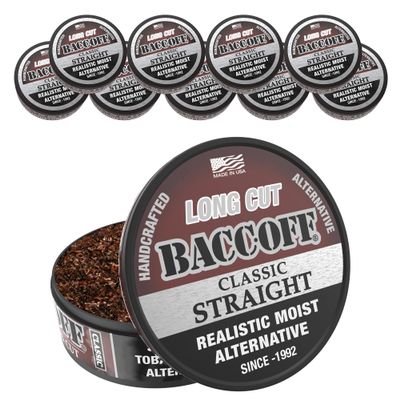 10 Cans, BaccOff, Classic Straight Long Cut, Bold and Natural Flavor, Realistic Moist Alternative