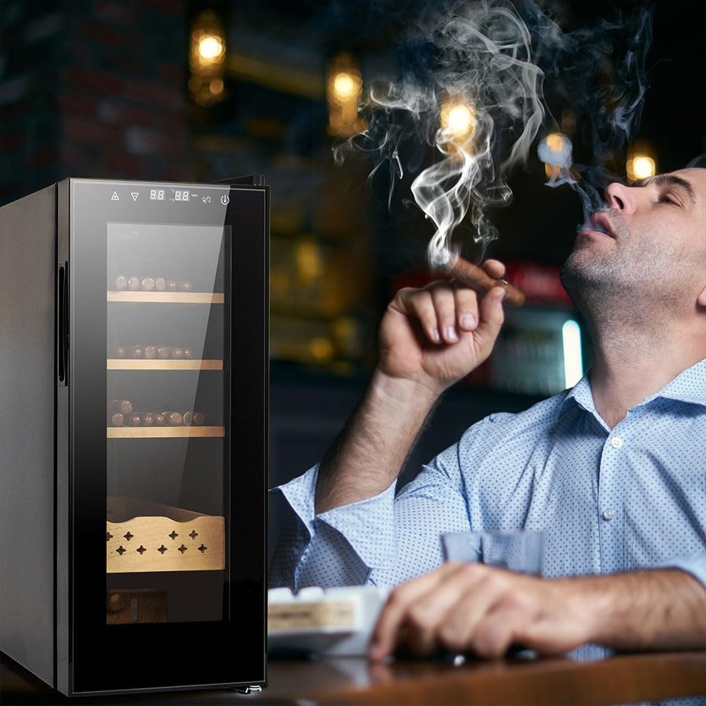 SEOCCTV Upgraded 35L Cigar Humidors, Modern Steel Cabinet Humidor with Spanish Cedar Wood Drawer Shelve Electric Cooler Cigar Humidor with Cooling Heating and Humidity Control for Living Room Bedroom
