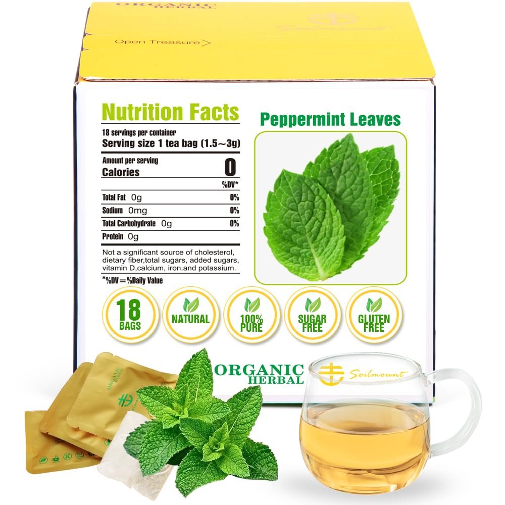 Soilmount - Peppermint Leaf Tea - |Mint leaf tea|Bohe||| - Pure Herbal Tea - Natural, Organic, Non-GMO, Clean Ingredients, Caffeine Free (18 Tea Bags, Box 1)