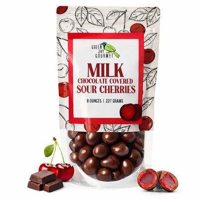 Green Jay Gourmet Chocolate Sour Cherries - Sour Candy Coated Michigan Cherries Dipped in Fresh Milk Chocolate - Handmade Candy - Unique & Great Gift for Chocolate Lovers - 8 Ounce Resealable Bag
