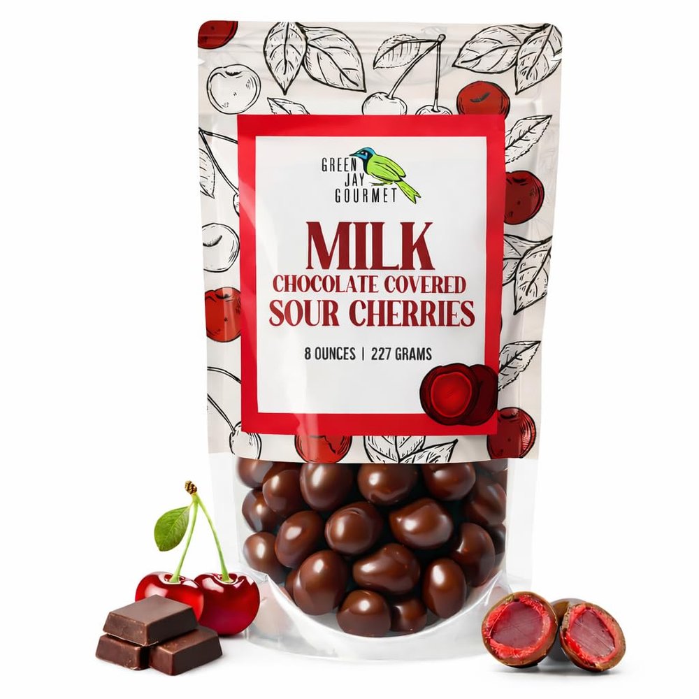 Green Jay Gourmet Chocolate Sour Cherries - Sour Candy Coated Michigan Cherries Dipped in Fresh Milk Chocolate - Handmade Candy - Unique & Great Gift for Chocolate Lovers - 8 Ounce Resealable Bag