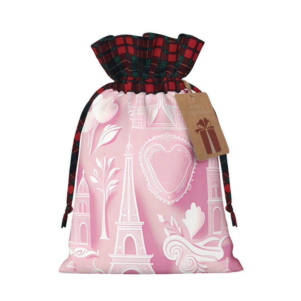 Paris white and pink style pattern Christmas Gift Bags Santa Sack with Drawstring, String Backpacks for Gifts Treat and CandyM