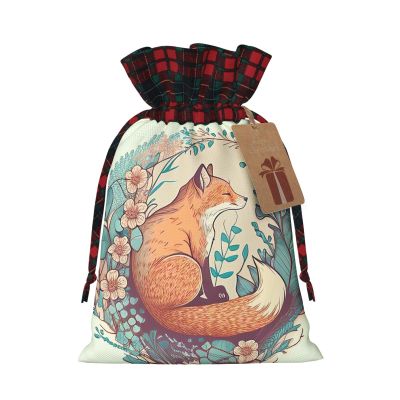 Cute sleeping fox and floral design pattern Drawstring Christmas Bags, 3D Xmas Gift Bags, Christmas Wrapping Bags,Party Favor BagsM
