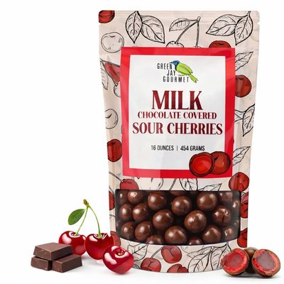 Green Jay Gourmet Chocolate Sour Cherries - Sour Candy Coated Michigan Cherries Dipped in Fresh Milk Chocolate - Handmade Candy - Unique & Great Gift for Chocolate Lovers - 16 Ounce Resealable Bag