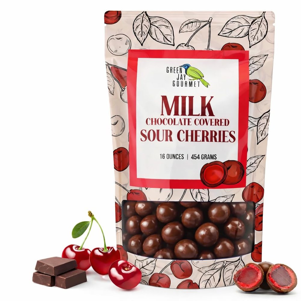 Green Jay Gourmet Chocolate Sour Cherries - Sour Candy Coated Michigan Cherries Dipped in Fresh Milk Chocolate - Handmade Candy - Unique & Great Gift for Chocolate Lovers - 16 Ounce Resealable Bag