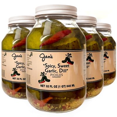 Jan's Pickles - Spicy Sweet Garlic Dill Pickle Chunks (4 Jars) Kosher, Homemade, Gourmet Flavored and Sliced Dills | 32 fl oz (1 qt) | Spicy, Sweet, and Garlic Flavor Combinations Available