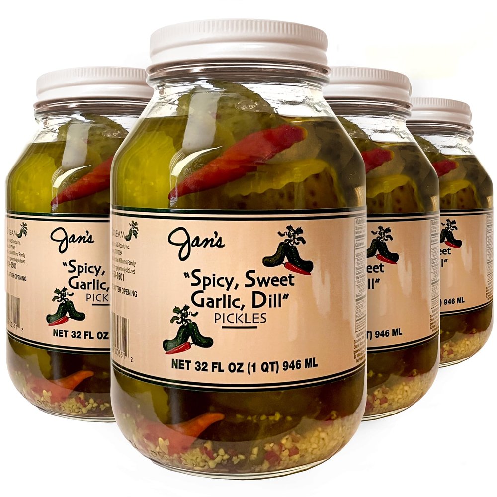 Jan's Pickles - Spicy Sweet Garlic Dill Pickle Chunks (4 Jars) Kosher, Homemade, Gourmet Flavored and Sliced Dills | 32 fl oz (1 qt) | Spicy, Sweet, and Garlic Flavor Combinations Available