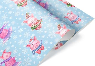 Baby Blue Snowflake and Pig Thick Gift Wrap, Cute Winter Pigs Xmas Gift Wrap, Ice Skating Barn Animal Theme (Blue, One 20 inch x 30 inch sheet)