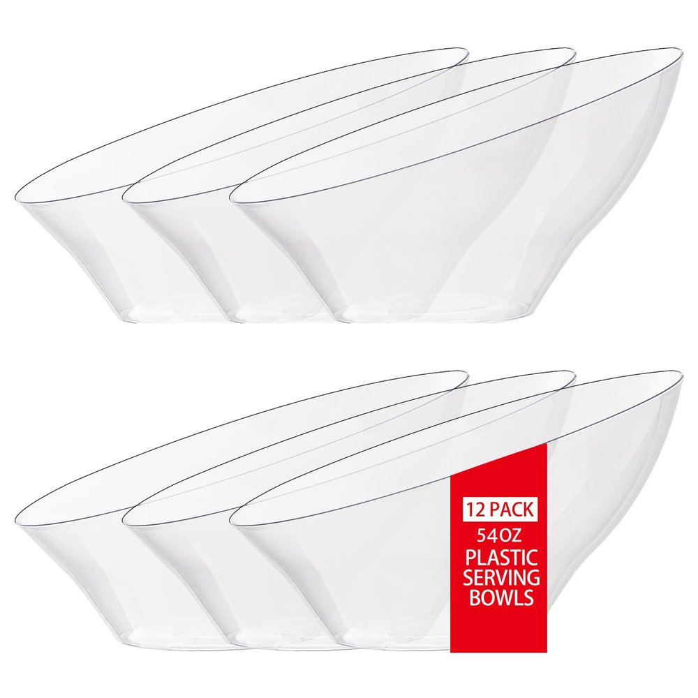 bUCLA 54 OZ Clear Plastic Serving Bowls (12 Pack) - Angled Serving Bowls Disposable for Chip&Candy - Party Table Salad and Fruit