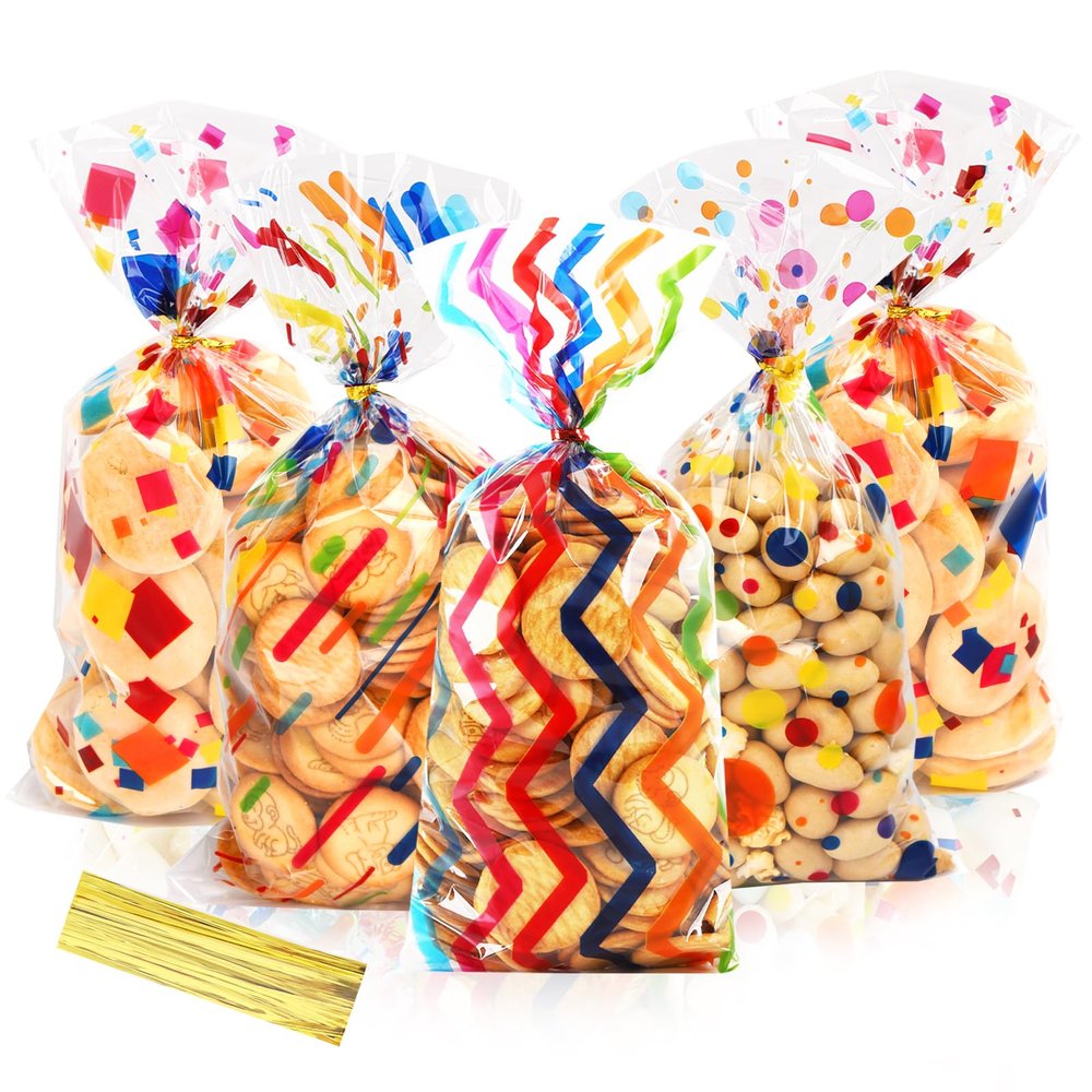 SOMIOCO Rainbow Cellophane Treat Bags Party Favor Bags 5x11 in 100 Pieces Plastic Candy Bags Gift Bags Goodie Bags with Twist Ties for Valentine, Birthday,Cookie Snack Packing Party Bags (4 Pattrerns)