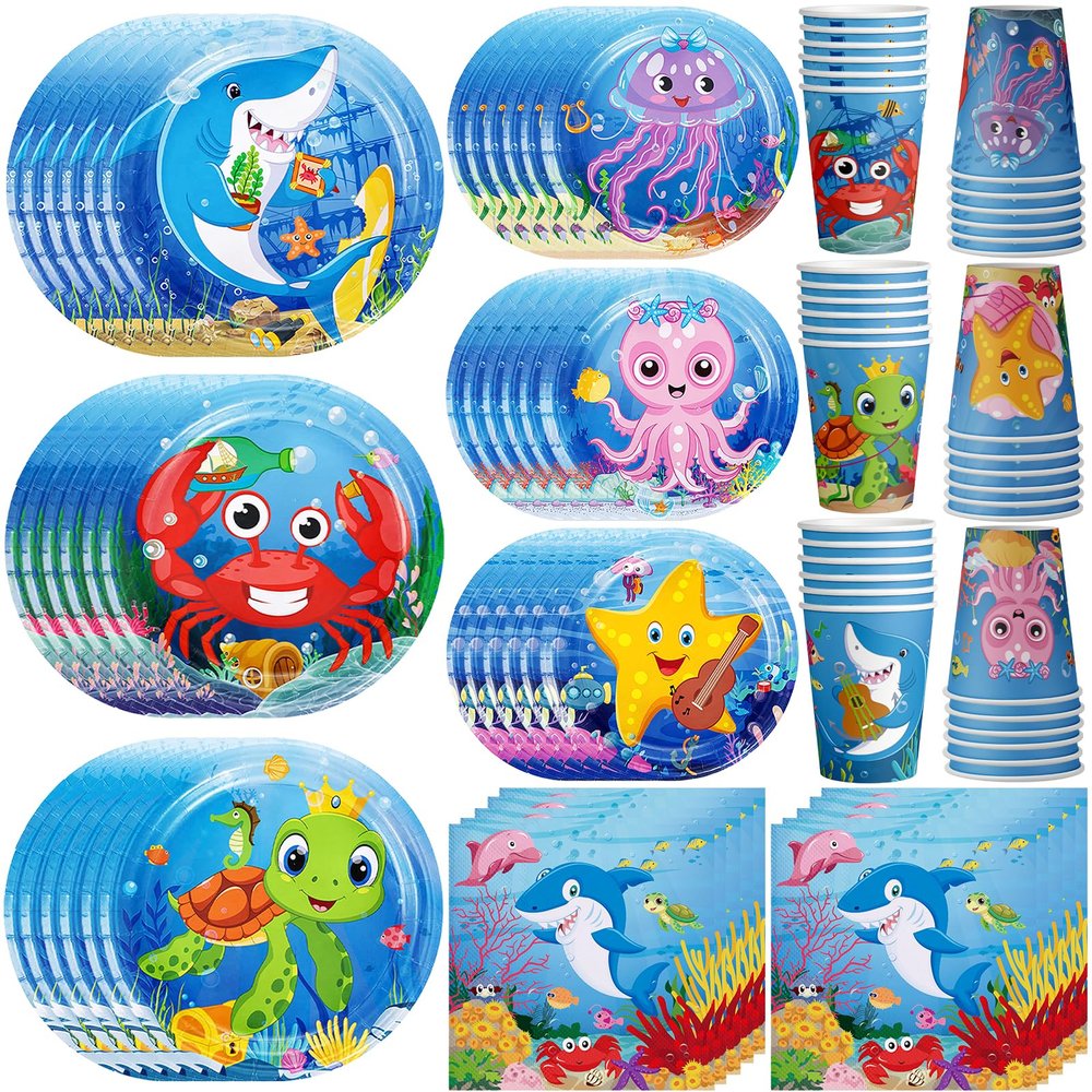 120 Pcs Ocean Under the Sea Party Plates Napkins Paper Cups Supplies Disposable Paper Tableware Set Underwater Creatures Theme Decoration for Boy and Girl Beach Birthday Party , Serves 30