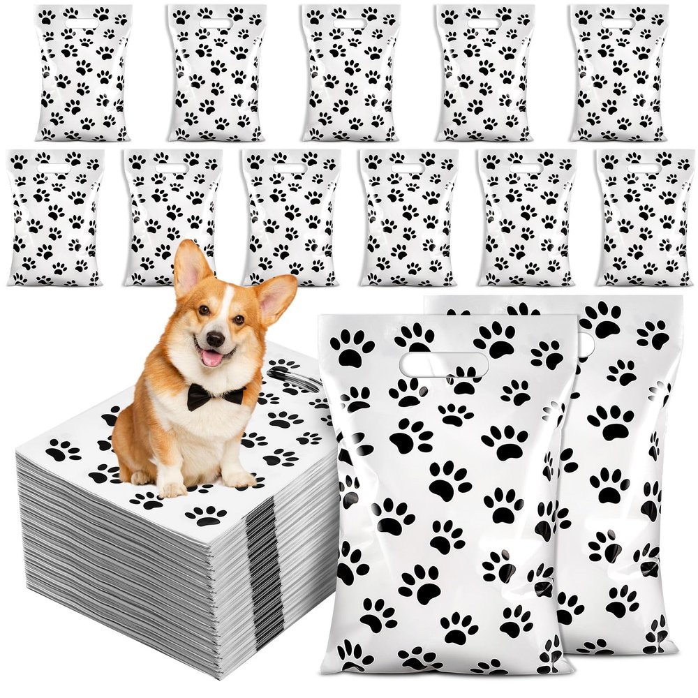240 Pcs White Plastic Treat Bags With Paw Print for Dog Birthday Party Supplies, Gift and Goodie Bag Bulk