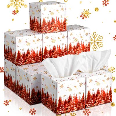 Bencailor 12 Pack Snowflake Facial Tissues Cube Boxes Winter Christmas Tree Square 600 Sheets 3 Ply Small Tissues Cube Boxes for Home Car Accessories(Red,Christmas Tree)