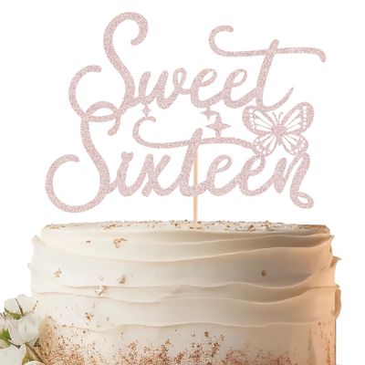 Sweet Sixteen Cake Topper - Rose Gold Glitter Butterfly Theme Sweet 16 Birthday Cake Decorating Supplies for Girls, Sweet 16 Cake Topper for Happy 16th Birthday Party Supplies Photo Booth Props