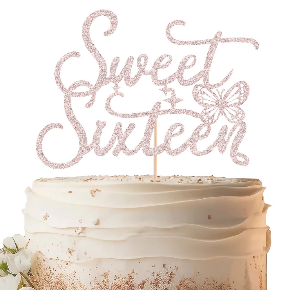 Sweet Sixteen Cake Topper - Rose Gold Glitter Butterfly Theme Sweet 16 Birthday Cake Decorating Supplies for Girls, Sweet 16 Cake Topper for Happy 16th Birthday Party Supplies Photo Booth Props