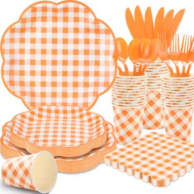 175 Pcs Orange and White Gingham Party Supplies - Orange Gingham Paper Plates and Napkins Sets Serve 25 - Disposable Scalloped Checkered Plates for Birthday Dinner Picnic BBQ Fall Party Decorations