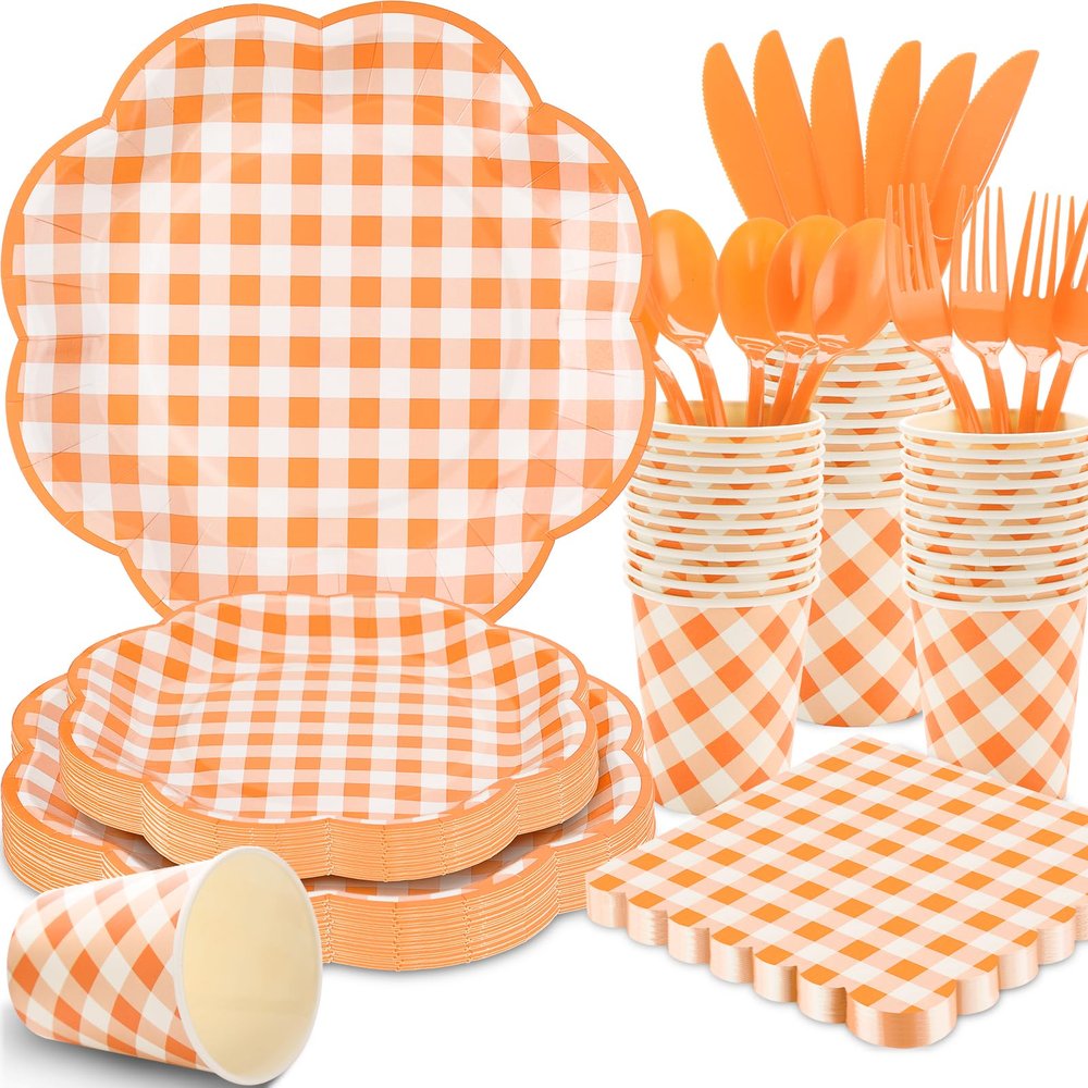 175 Pcs Orange and White Gingham Party Supplies - Orange Gingham Paper Plates and Napkins Sets Serve 25 - Disposable Scalloped Checkered Plates for Birthday Dinner Picnic BBQ Fall Party Decorations