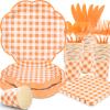 175 Pcs Orange and White Gingham Party Supplies - Orange Gingham Paper Plates and Napkins Sets Serve 25 - Disposable Scalloped Checkered Plates for Birthday Dinner Picnic BBQ Fall Party Decorations view 1