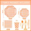 175 Pcs Orange and White Gingham Party Supplies - Orange Gingham Paper Plates and Napkins Sets Serve 25 - Disposable Scalloped Checkered Plates for Birthday Dinner Picnic BBQ Fall Party Decorations view 2