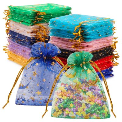 140 Pieces Moon Star Organza Bags 2.7x3.5 Inch Organza Jewelry Candy Bags 10 Colors Organza Pouch Small Gift Bags Wedding Favors Bags with Drawstring for Wedding, Party, Christmas, Wrapping Supplies