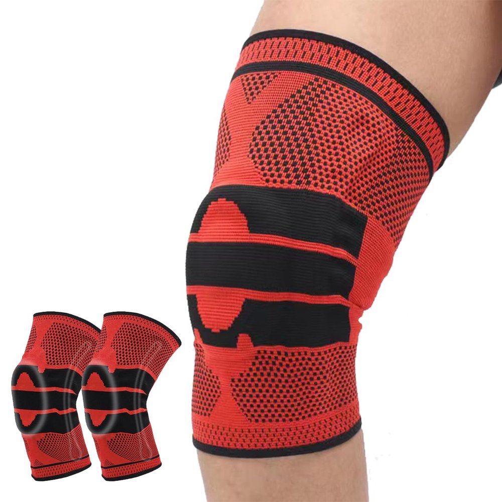 2 Pack Knee Sleeves for Men Women, Compression Knee Brace Knee Sleeve with Side Stabilizers & Patella Gel Pad, Knee Bands for Pain Relief Knee Braces for Knee Pain Knee Brace for Arthritis Pain and Support (Red, Medium)