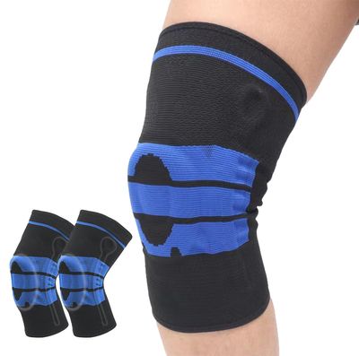 2 Pack Knee Sleeves for Men Women, Compression Knee Brace Knee Sleeve with Side Stabilizers & Patella Gel Pad, Knee Bands for Pain Relief Knee Braces for Knee Pain Knee Brace for Arthritis Pain and Support (Black+Blue, Large)