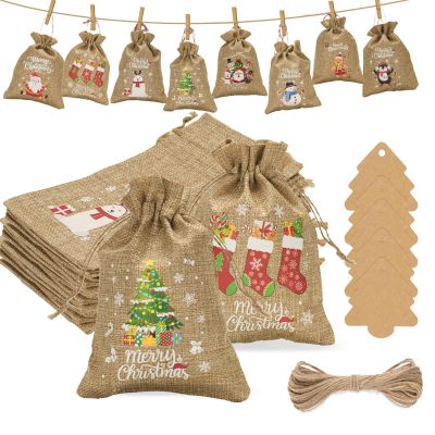 G2PLUS Christmas Drawstring Burlap Gift Bags - 24 Pack Christmas Advent Calendar Bags, 8 Designs 5x7 inches Gift Wrapping Bag with Xmas Tree Tags for Xmas Holiday Party Favors