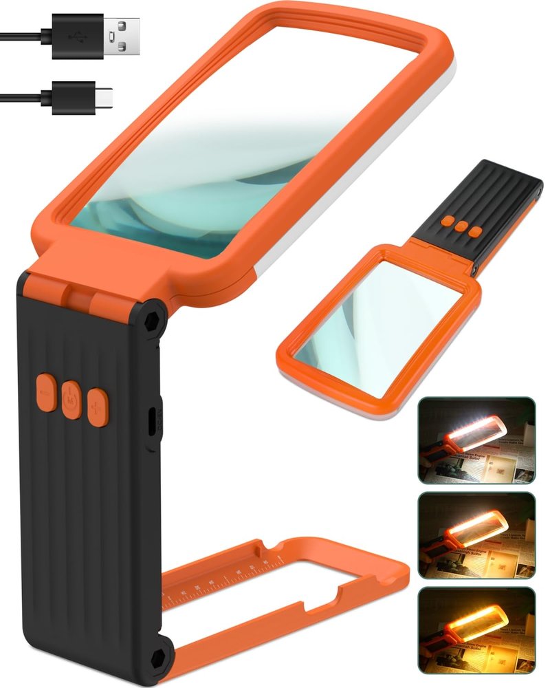 15X Magnifying Glass with Light and Stand, Rechargeable Folding Handheld Real Glass Magnifier, 3 Color Modes Dimmable Lighted Page Magnifier for Reading Small Prints, Seniors with Macular Degeneration