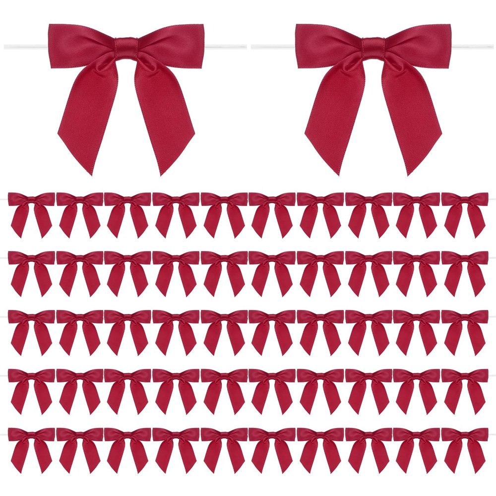 M METERXITY 50-Pack Satin Ribbon Twist Tie & Bows, 3.5 Inch, DIY/Baked Goods/Hair Bow Sewing/Wedding/Birthday/Party [Wine Red]