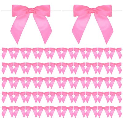 M METERXITY 50-Pack Satin Ribbon Twist Tie Bows, 3.5 Inch Bow Twist Ties, Satin Ribbon Medium Pink Bows for Craft DIY/Baked Goods/Hair Bow Sewing/Wedding/Birthday/Party