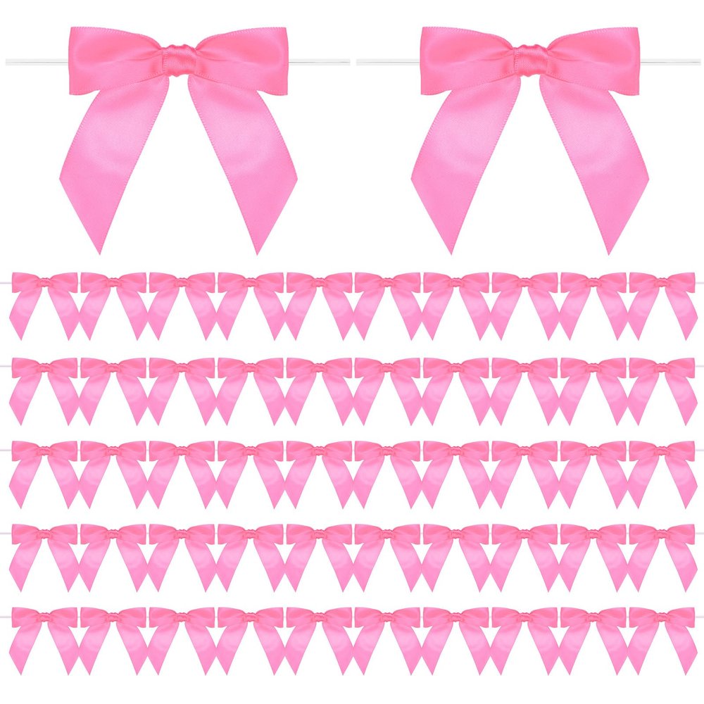 M METERXITY 50-Pack Satin Ribbon Twist Tie Bows, 3.5 Inch Bow Twist Ties, Satin Ribbon Medium Pink Bows for Craft DIY/Baked Goods/Hair Bow Sewing/Wedding/Birthday/Party