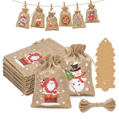 G2PLUS Christmas Drawstring Burlap Gift Bags-24Pack Christmas Advent Calendar Bags 8 Designs 5x7 inches Goodie Gift Bags with Xams Tree Tags for Xmas Holiday Party Favors