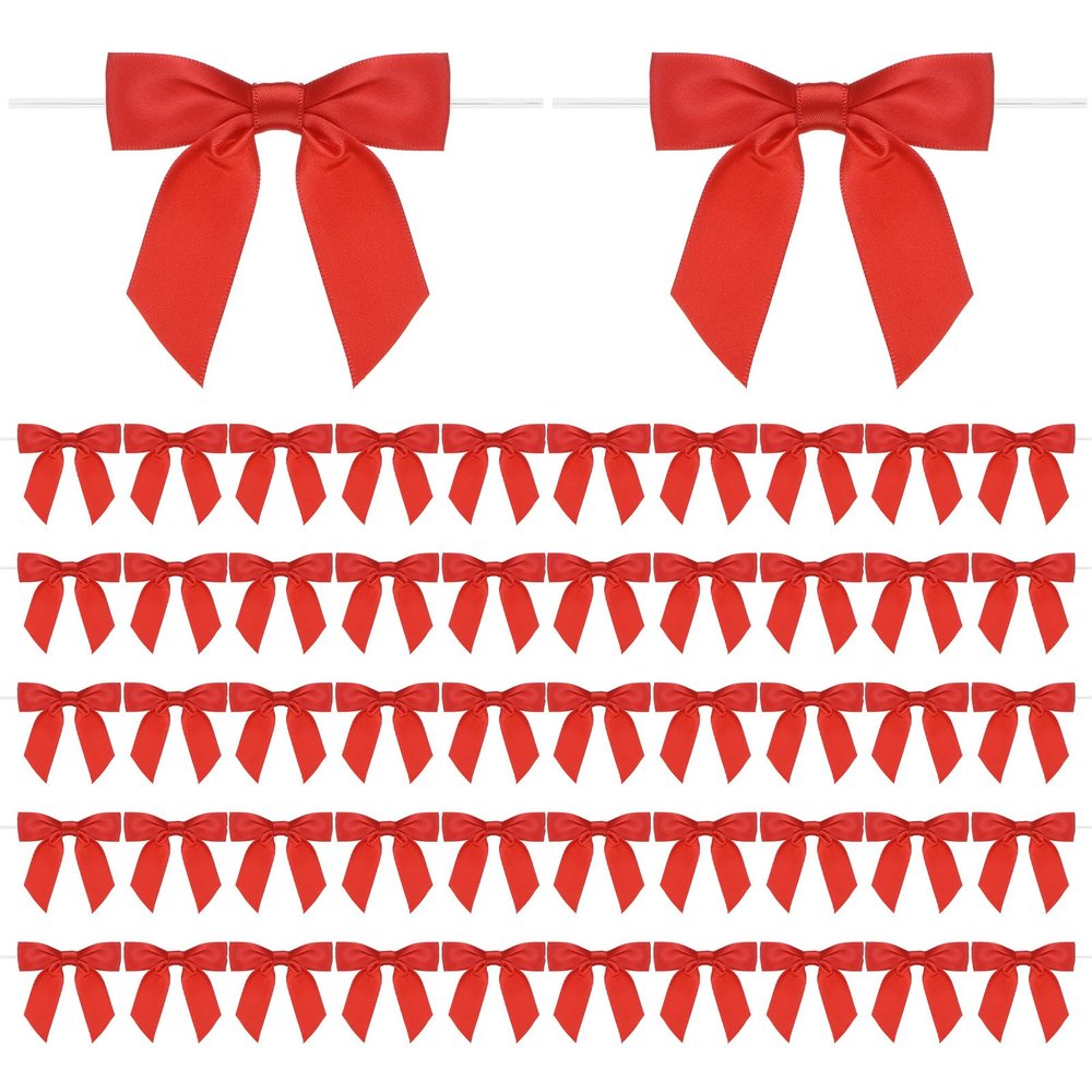 M METERXITY 50-Pack Satin Ribbon Twist Tie Bows, 3.5 Inch Bow Twist Ties, Satin Ribbon Red Bows for Craft DIY/Baked Goods/Hair Bow Sewing/Wedding/Birthday/Party