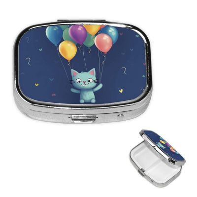 Square Pill Box Cat and Balloon Pill Case 2 Compartment for Purse Cute Metal Pill Organizer Portable Travel Pillbox Mini Small Pill Container Holder to Hold Vitamins Fish Oil Supplements