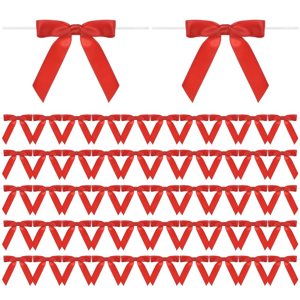 M METERXITY 50-Pack Satin Ribbon Twist Tie Bows, 2.8 Inch Bows for Craft/DIY/Baked Goods/Hair/Birthday/Party [Red]