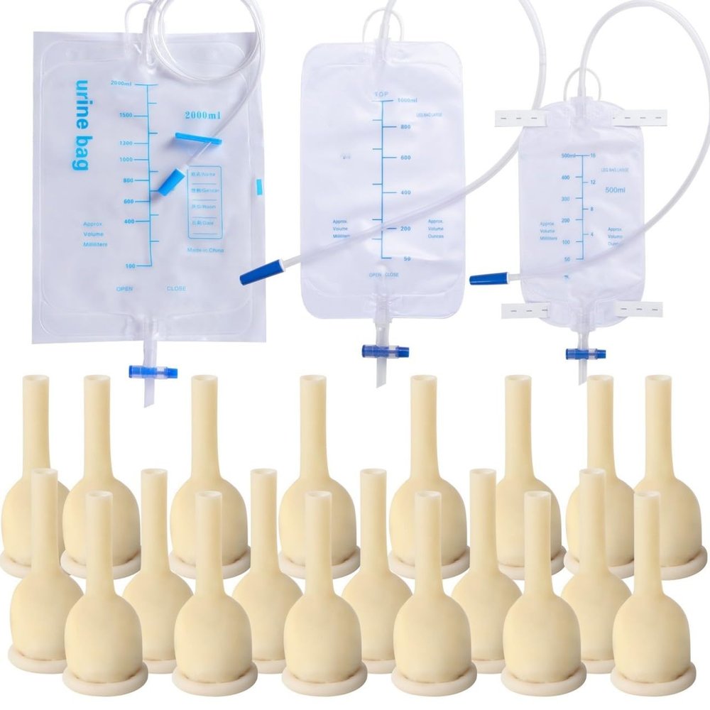 Catheter External Self-Sealing Set, 20 pcs Soft Latex, 1 pcs 500 ml Leg Bag, 1 pcs 1000 ml Urine Bag, 1 pcs Extra Large Catheter 2000 ml Urine Bag - External Catheter for Men, Day and Night Use, 25mm