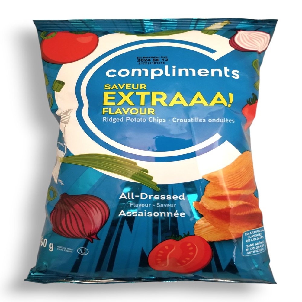 Compliments Extraaa All Dressed Flavor Ridged Potato Chips, 200g/7.1 oz., Bag